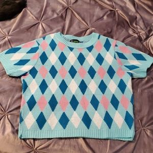 Miss Fortune Suze L pink and blue Argyle sweater
